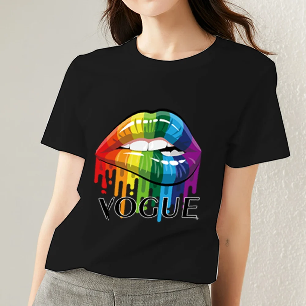 

Summer Women T-shirts Korean Street Style Tshirt Sexy Lips Pattern Series Short Sleeve Tops Classic O-Neck Black Female Clothes