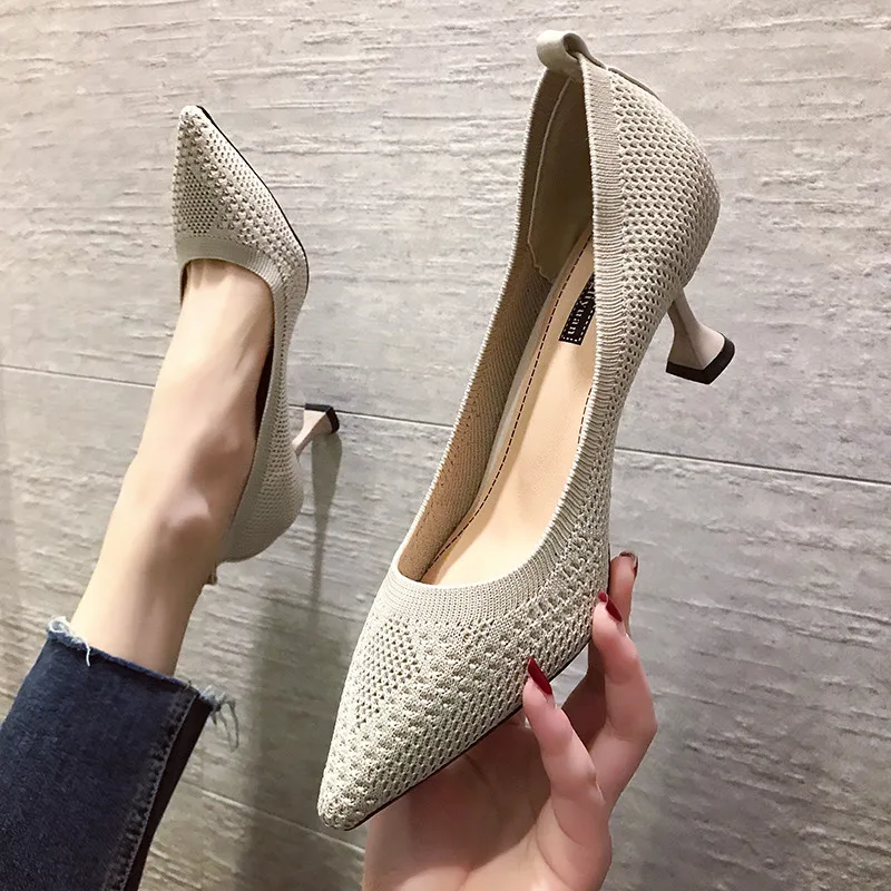 Ol Office Lady Shoes High Heels Knit Stretch Fabric Pumps Women Dress Shoes Black Basic Pump Pointed Toe zapatos mujer Spring