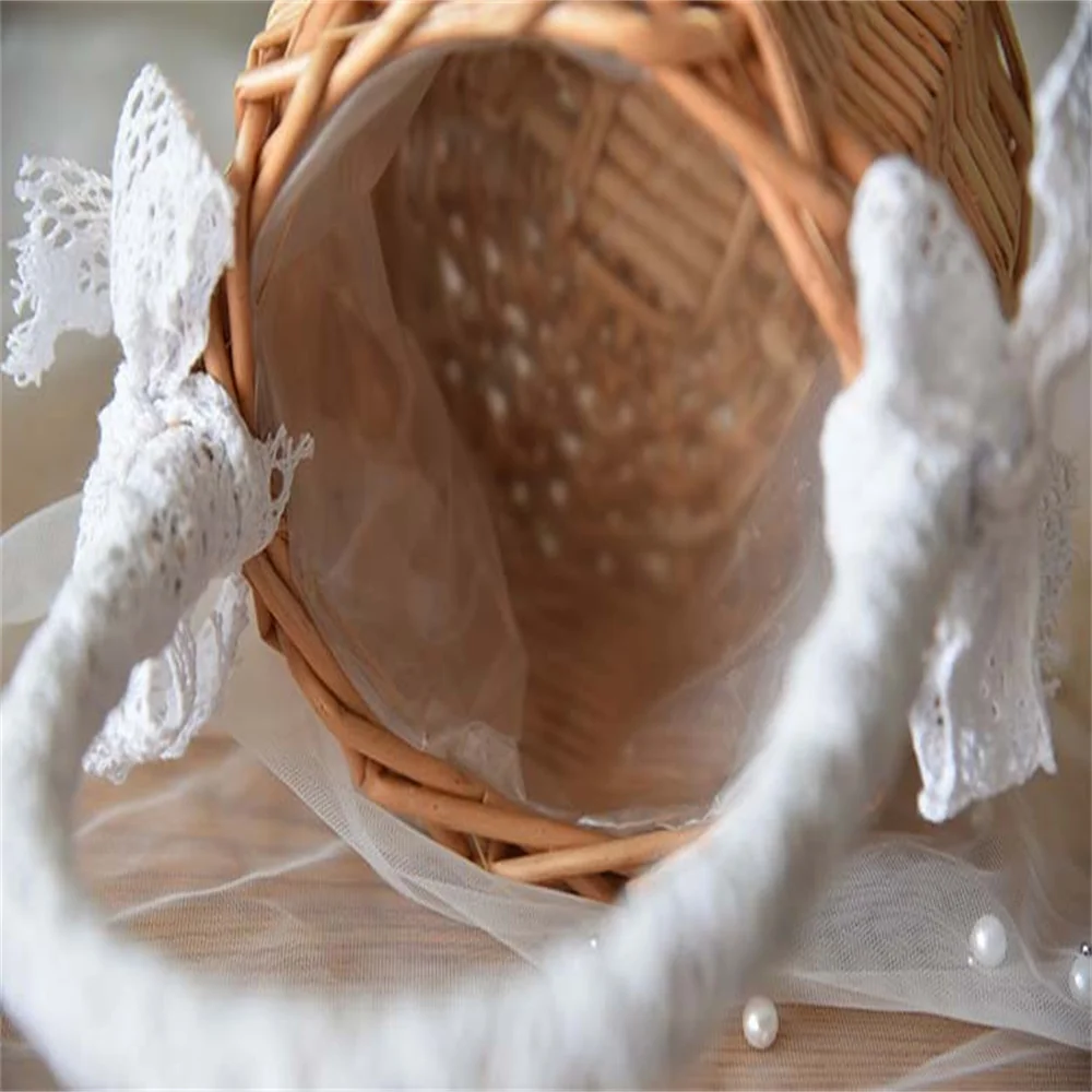 

Fresh Rattan Woven Storage Basket With Handles Lace Bow Decoration Flower Fruits Cosmetics Basket Home Office Storage Organizer