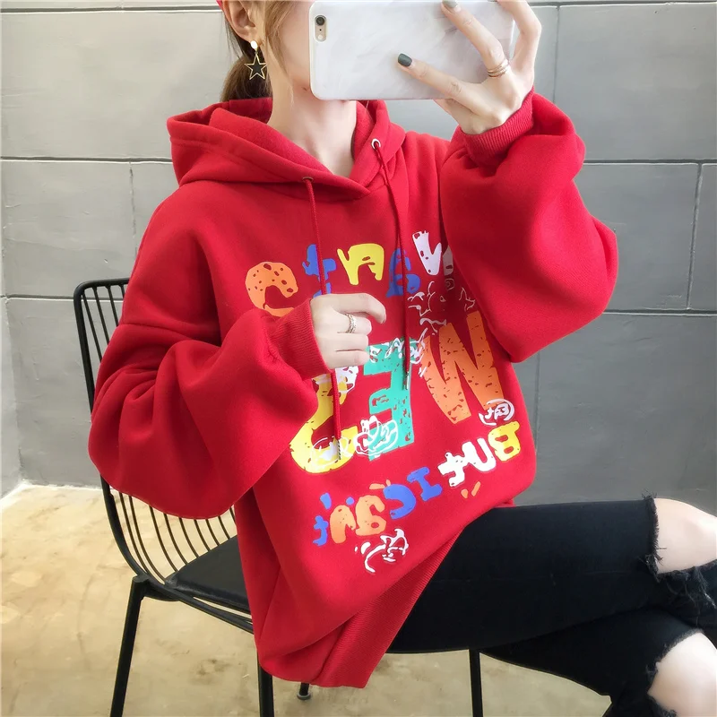 

2021 New Female Plus Velvet Hoodie Bf Loose Lazy Wind Ins Top Student Japanese Soft Girl Casual Lantern Sleeve Pullovers Print