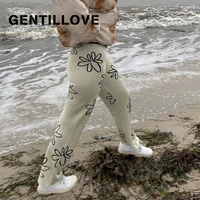 gentillove floral print vintage knitted pants women casual elegant high waist long trousers ladies fashion streetwear joggers