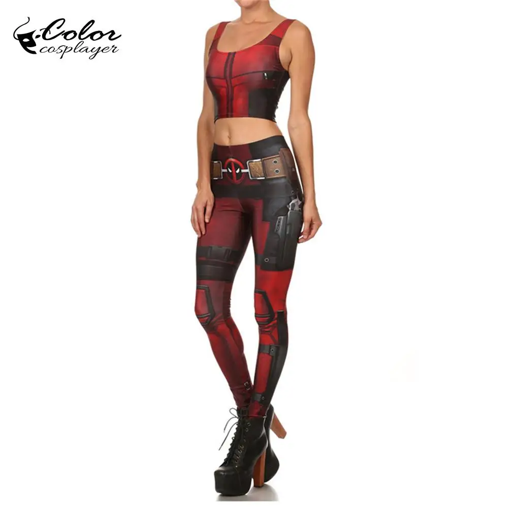 Цветные Cosplayer Super Hero наборы для косплея Deadpool Леггинсы женщин Purim Carnival Crop Tops модные