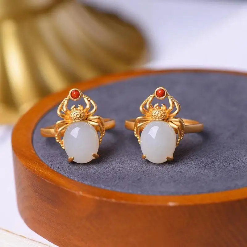 

Natural Hetian Jade Ring Jade Ring Women's S925 Sterling Silver Jade Ring Women's Retro Index Finger Finger Opening Adjustable F