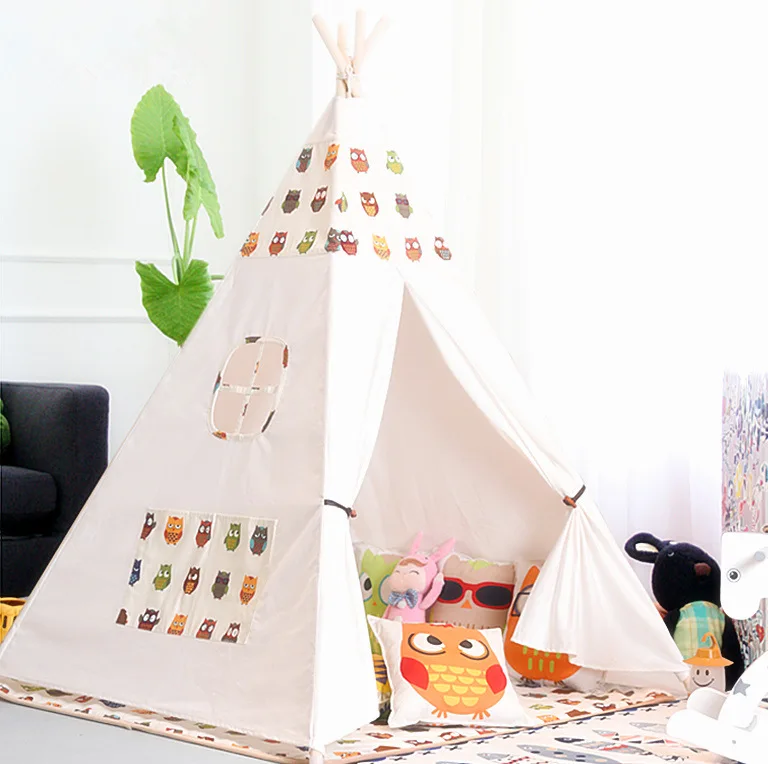 owl tent Большая Брезентовая вигвама-палатка для детей, вигвама Типи с серыми помпонами, индийская Игровая палатка для дома, Детская Типи-футболка, палатка без коврика ZP050 - Цвет: owl tent