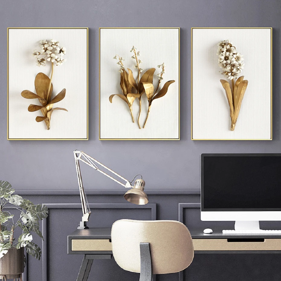 

Minimalism Art Gold Foil Embossed Flower Plant Leaf Three-dimensional Light Luxury Art Poster Golden Canvas Decorative Painting