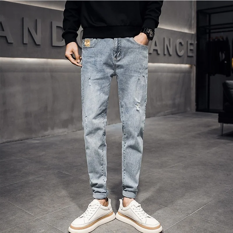 

2021 New Broken Hole Pencil Jeans Broken Hole Pencil Jean Vintage Distressed Male Pantalon Homme Casual Comfortable Men Clothing