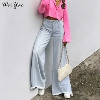 weiyao korean fashion baggy wide leg mom jeans women casual loose flare pants 90s aesthetic high waist denim trousers harajuku