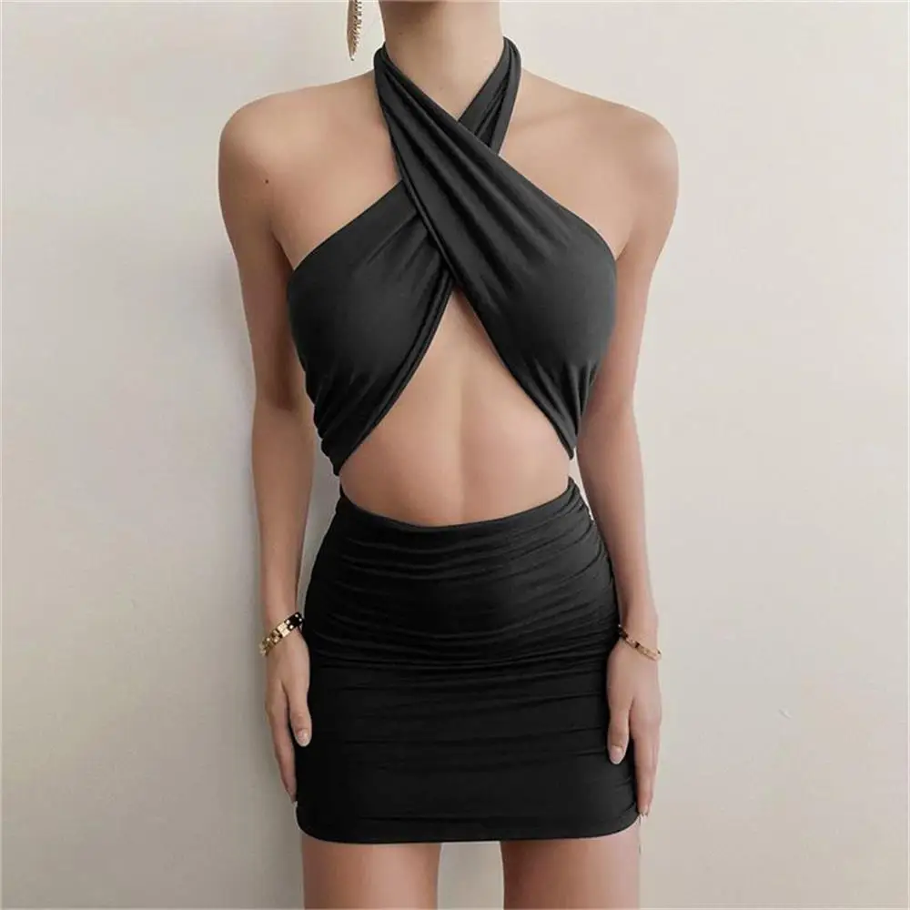 

Women Sexy Club Halter Criss Cross Hollow Out Ruched Sleeveless Mini Bodycon Dress Backless Party Streetwear Robe Summer Vestido