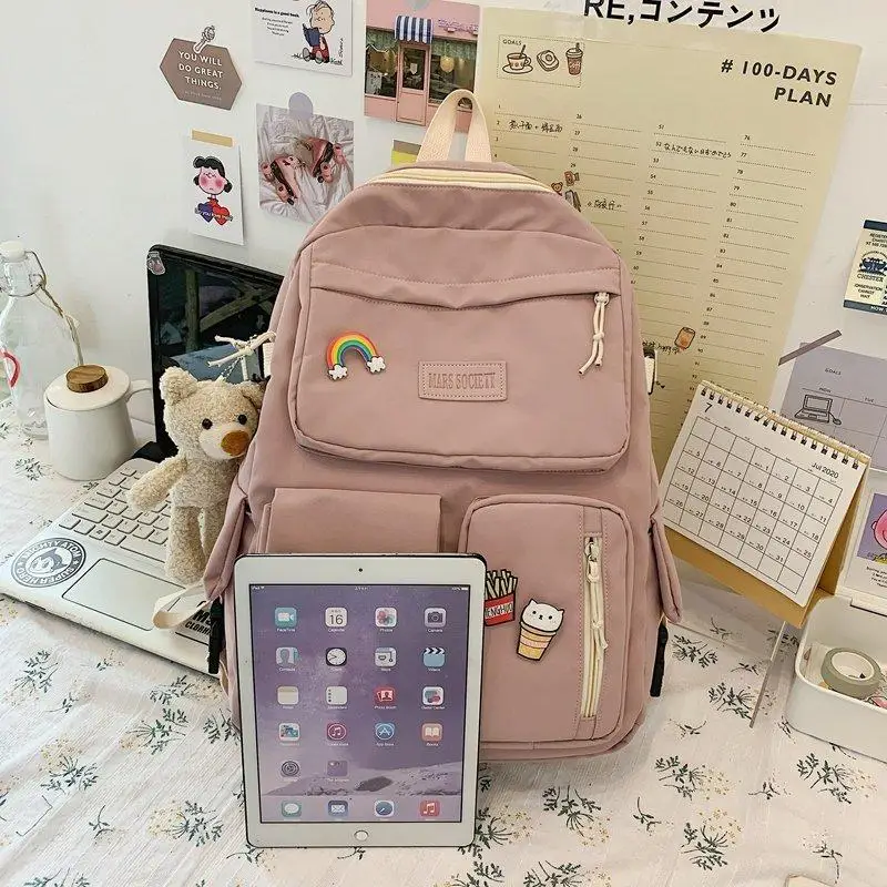 

Sweet Bear Pendant Backpack for Women Casual Solid Simple Students Bagpack Teenage Girls Preppy Shoulder Rucksack Travel Bag New