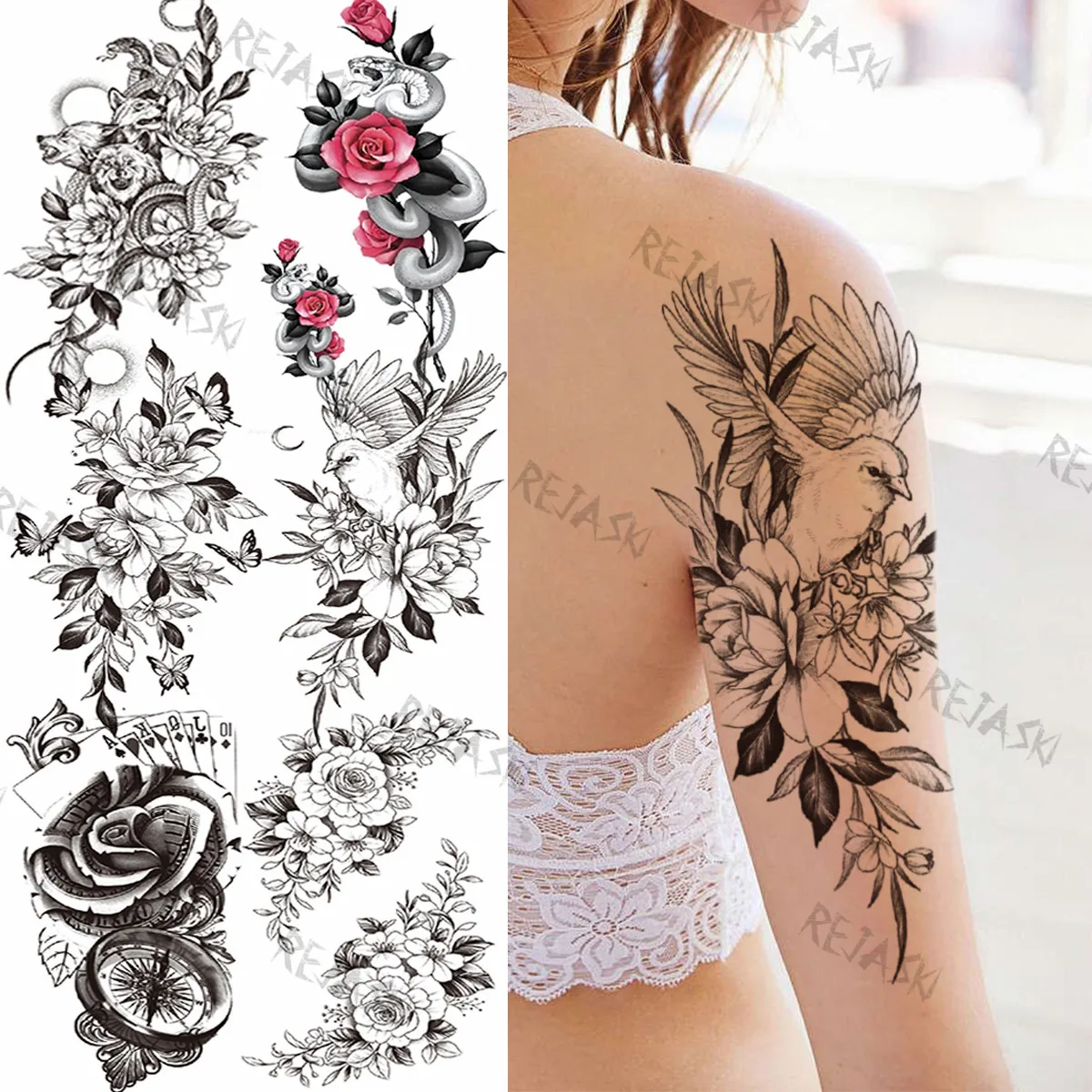 

Bird Rose Temporary Tattoos For Women Girl Snake Butterfly Playing Card Peony Realistic Fake Tattoo Arm Washable Tatoo Sticker