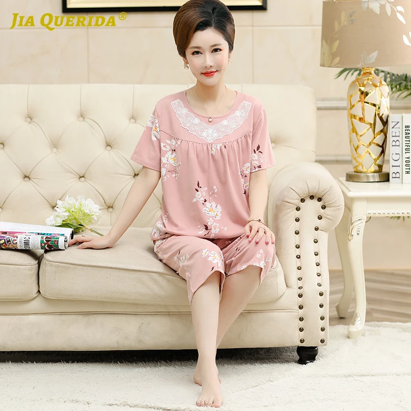 Розовый Пижамный комплект для женщин короткий рукав укороченные брюки круглый