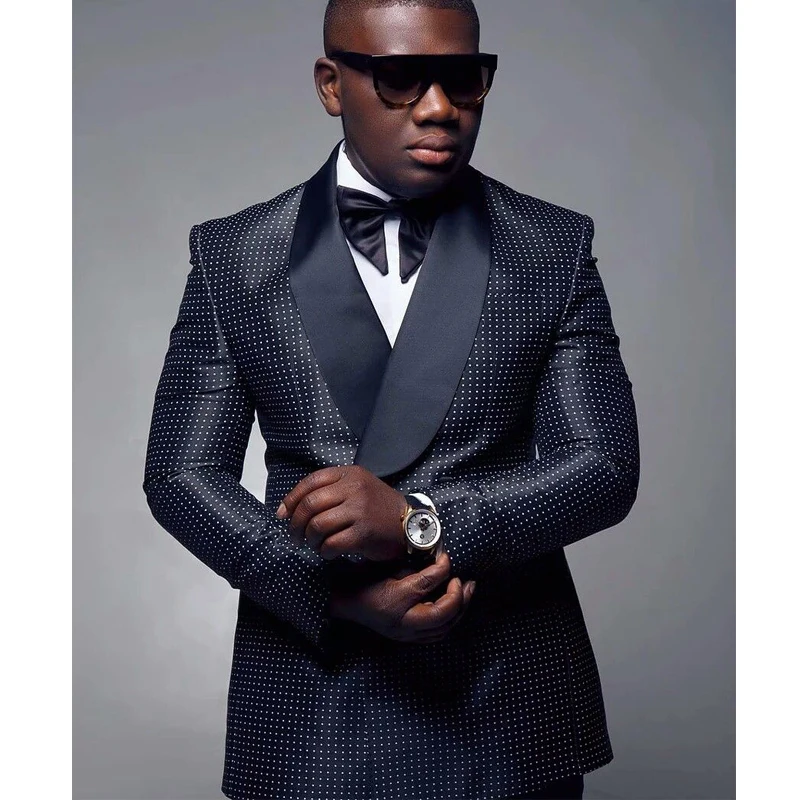 

Мужской облегающий костюм из двух предметов, двубортный смокинг в мелкий горошек, свадебный смокинг в клетку, черная модная мужская одежда, ...