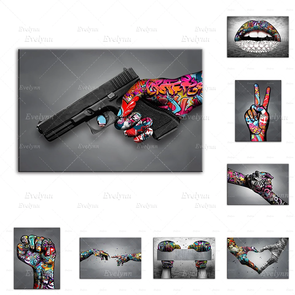 

Nordic Abstract Graffiti Fist,V Sign,Boxing Fun,Holding Gun,Lips And Diamonds,Holding Hands Poster Print WallArt Canvas Painting