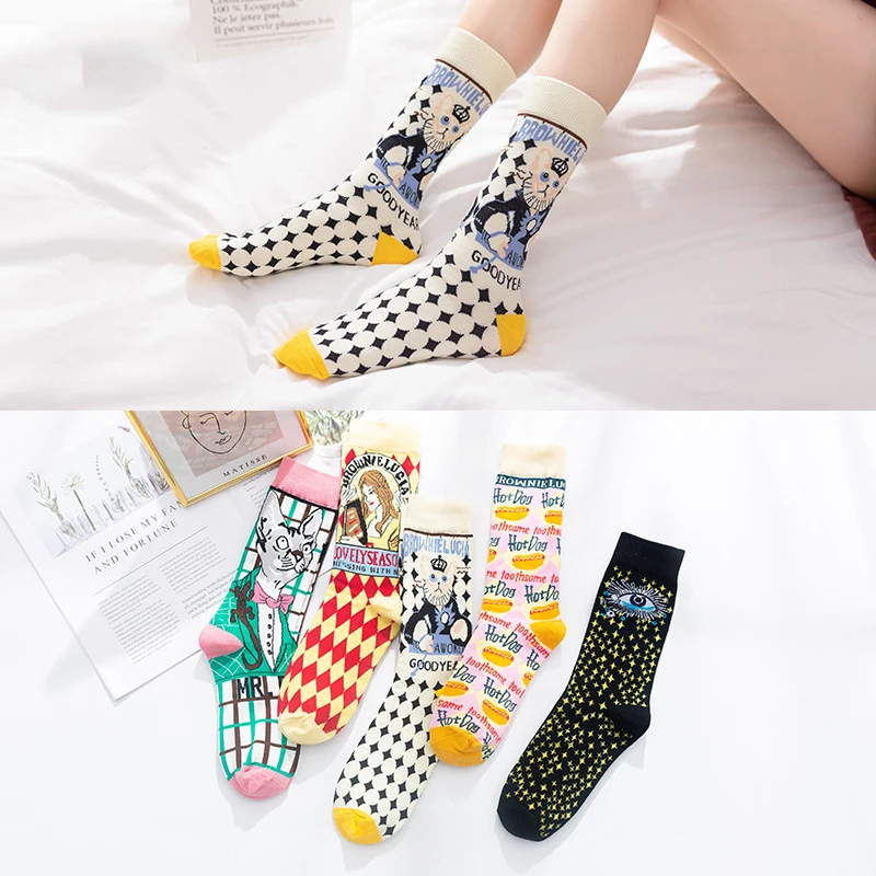 

Autumn and winter socks women's tube socks cute street trend illustration stockings retro pile socks