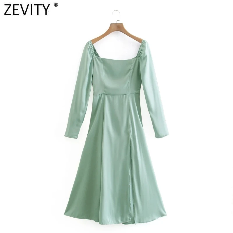 

Zevity Women Vintage Square Collar Solid Color Split Soft Satin Midi Dress Female Chic Back Zipper Elastic Party Vestido DS8192
