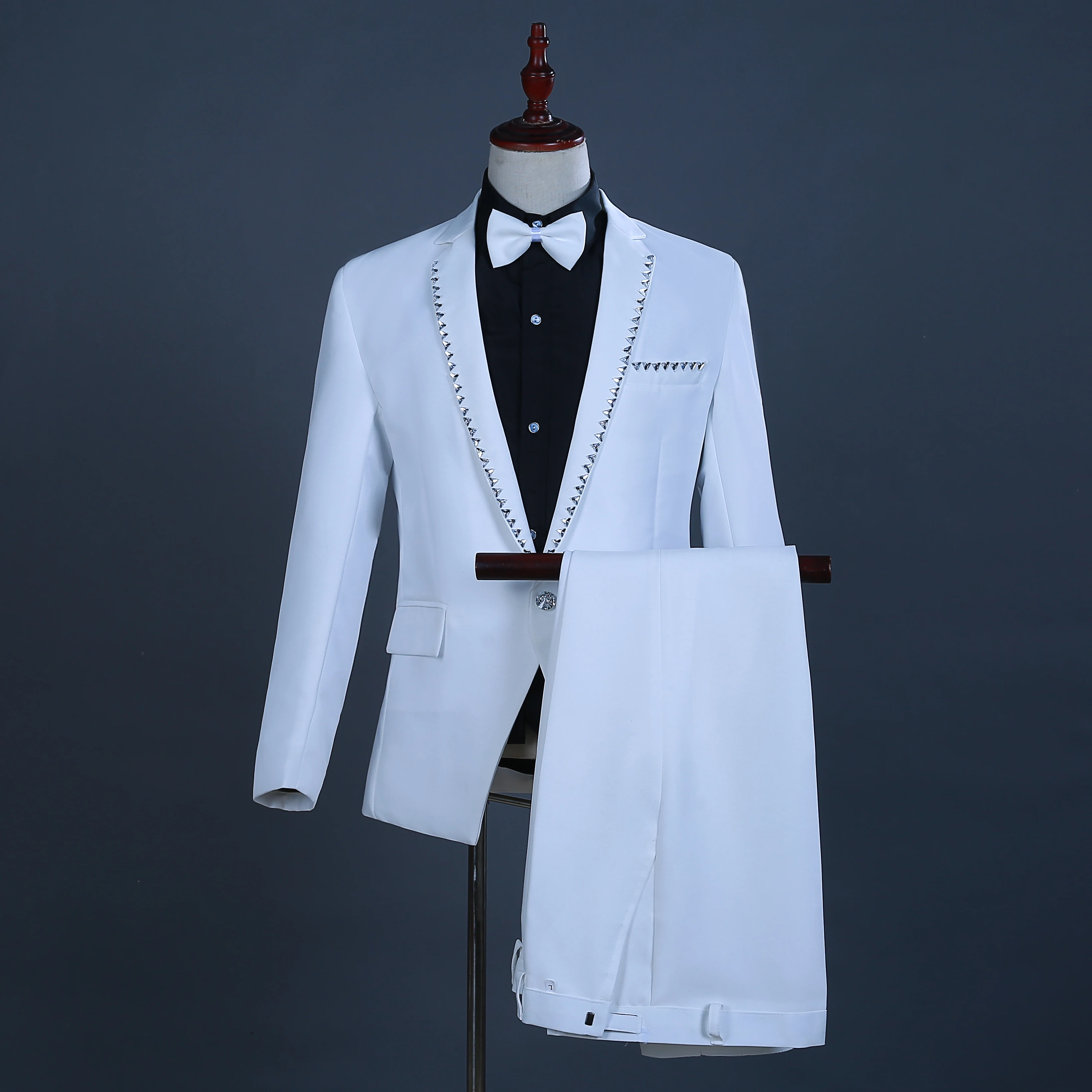 White Diamond 2-piece Suit Men's Groom Wedding Dress Prom Party Singer Performance Costume Bar Club Stage Costume