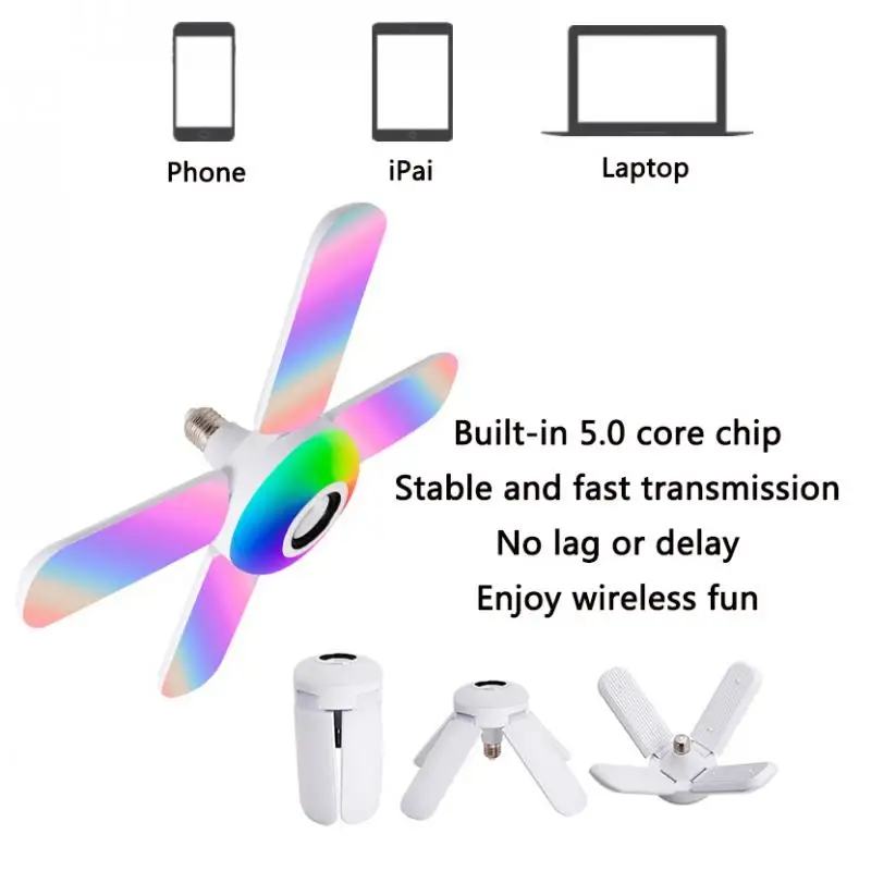 

E27 RGB Colorful Bluetooth Music Ceiling Lamp LED 4Leaves Deformed Bulb Lamp +Remote Control Bluetooth Music Fan Light