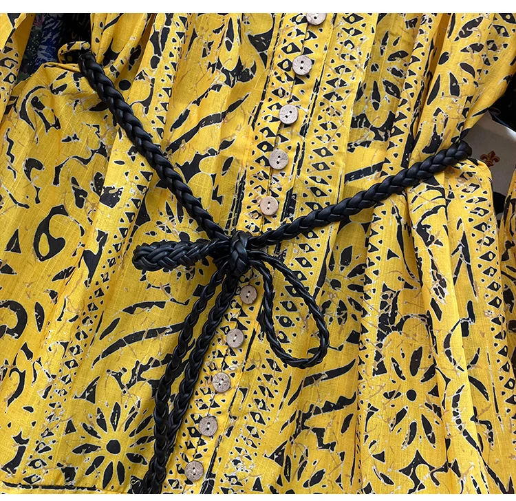 

2021 Spring New Women Print Dress Temperament Mid-length Dress Women's Lantern Long Sleeve Loose Lace-up Shirt Faldas