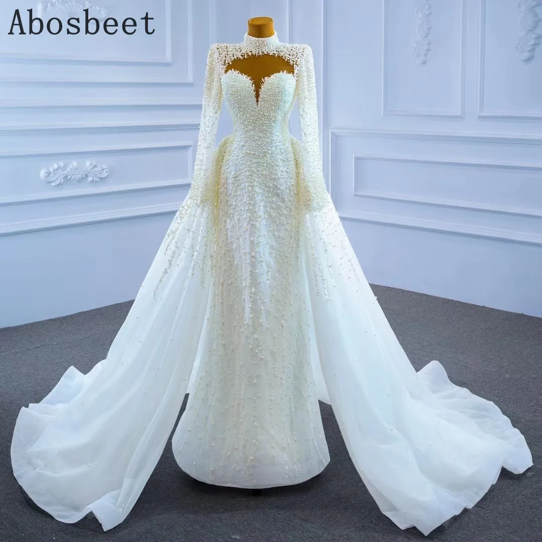 

Long Sleeve Wedding Dress 2021 Pearls Beads with Train Luxury Wedding Gowns for Bridal Women High Collar Lace Up Back Mermaid