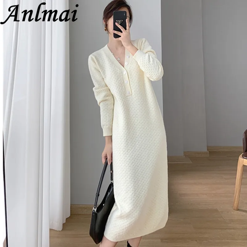 

Sexy V-Neck Dress Women Solid Long Sleeve Autumn Winter Mid-Length Sweater Dresses Ladies Elegant Knitting Stretch Vestido