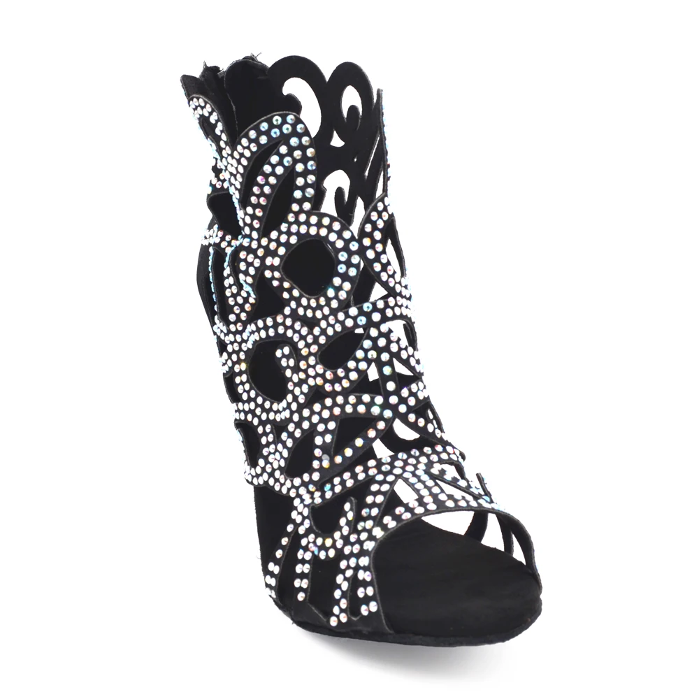 Evkoodance Wedding Party Dance Shoes Black Satin Rhinestones Latin Dance Shoes Woman Soft Bottom Sex Salsa Dance Shoes Lady