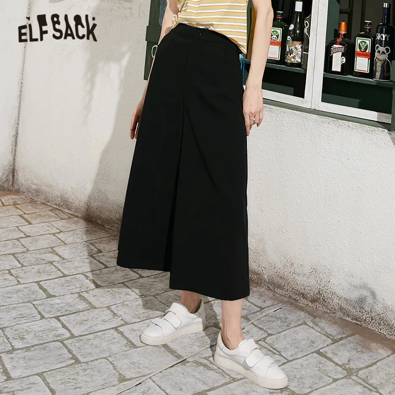 Женские прямые брюки ELFSACK черные однотонные повседневные широкие с высокой