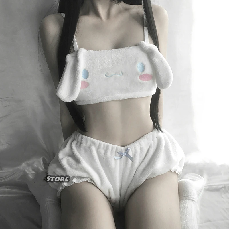 

Cute Pink and White Kwaii Velvet Tube Top and Panties Set for Girls Adorable Underwear Anime Long Ear Doggy Bra and Bloomers