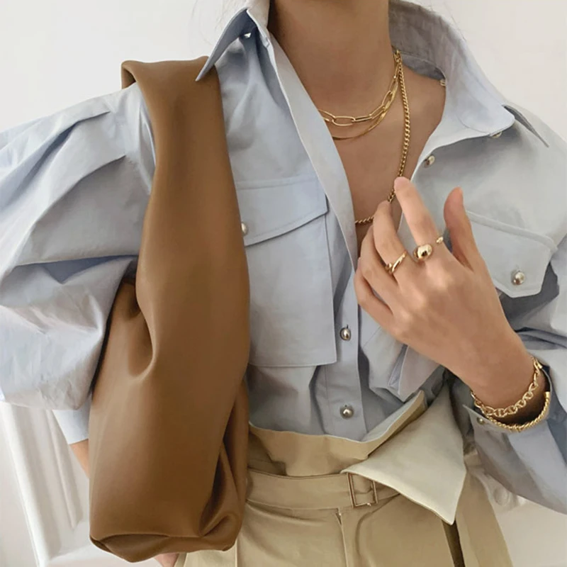 

Puff Long Sleeve Shirt For Women Spring Autumn Solid Turn-Down Collar Button Office Lady Top Elegant Famale Loose Blusas