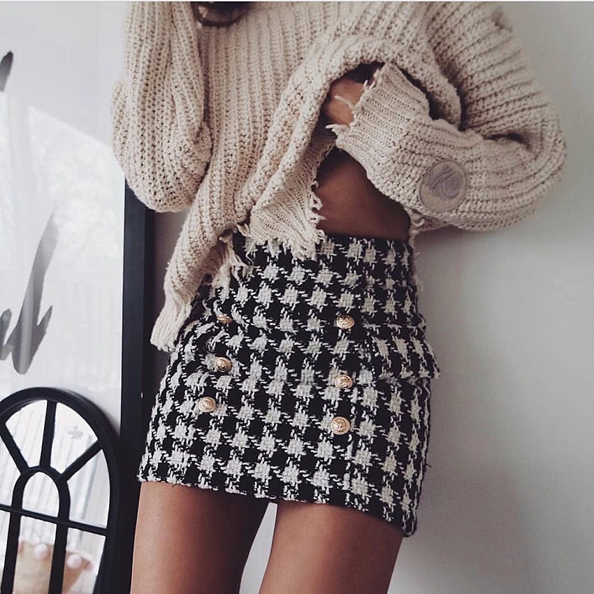 

New Fashion 2021 Runway Designer Skirt Women's Lion Buttons Double Breasted Tweed Wool Houndstooth Mini Skirt