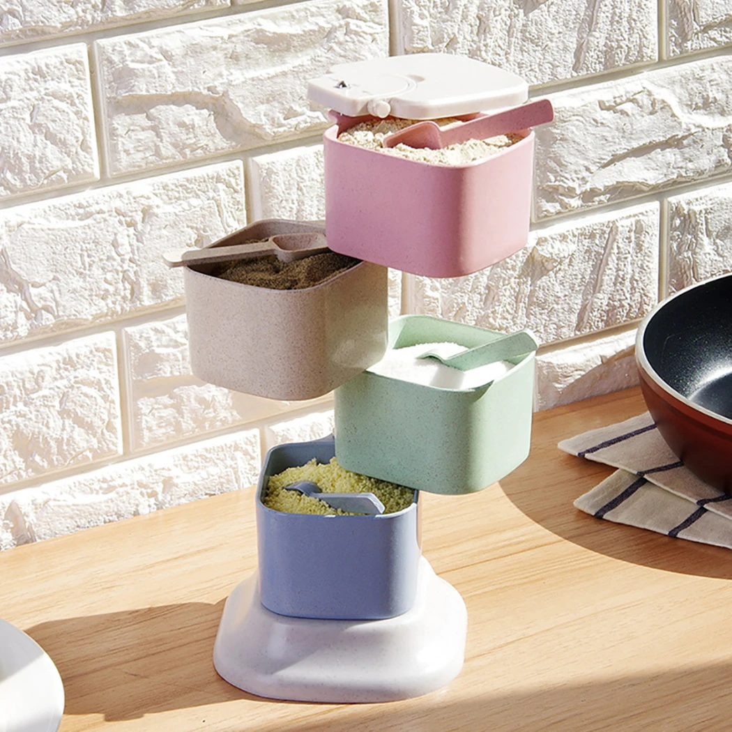 

Kitchen Organizer Storage Boxes Multi-purpose 4-Layer Can rotate Spices Seasoning Jar with Spoons Kitchen cooking Accessories