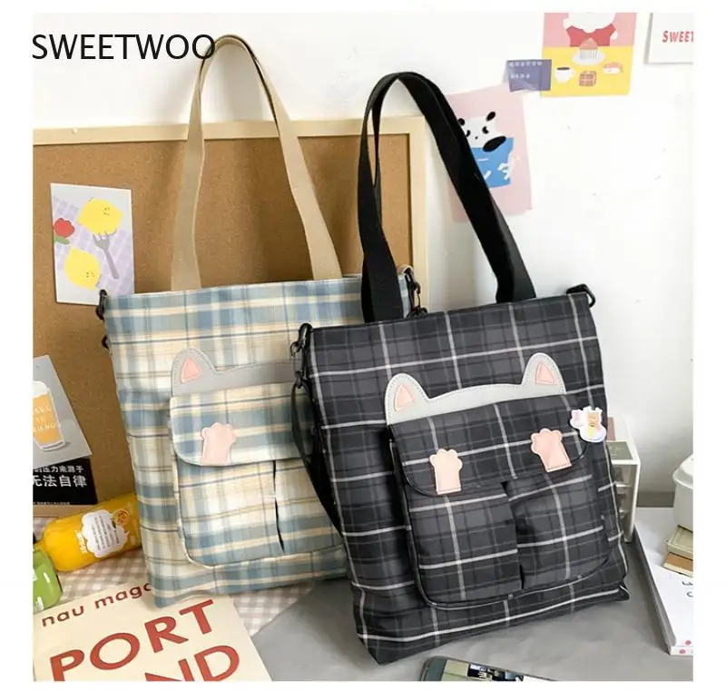 Plaid ladies shoulder bag soft cloth fabric handbag large capacity cotton bow canvas bag beautiful girl