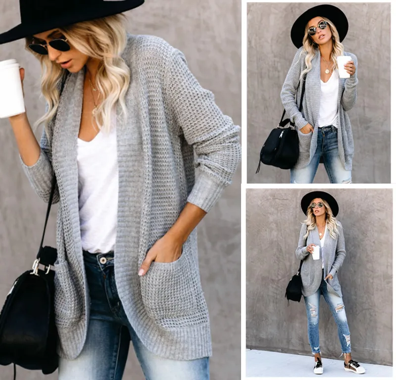 Женский трикотажный кардиган Короткая свободная кофта серого цвета в офисном