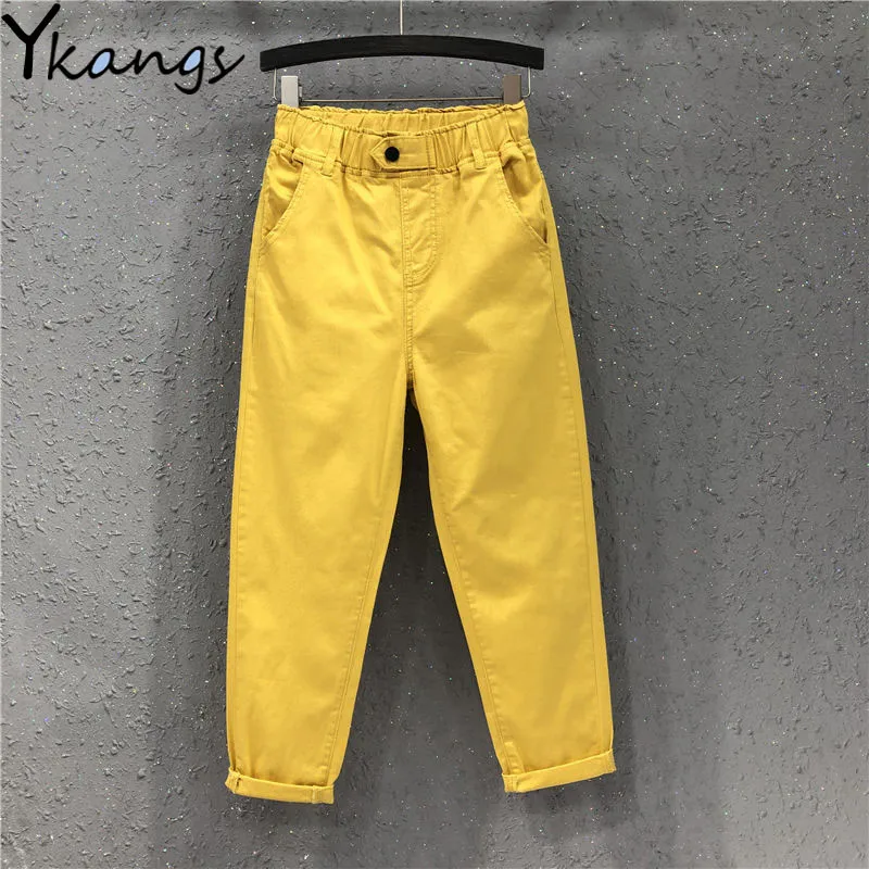 

All-matched Casual Cotton Denim Pants Women Loose Harem Mom Jeans Elastic High Waist Plus Size 3XL Yellow White Jeans Streetwear