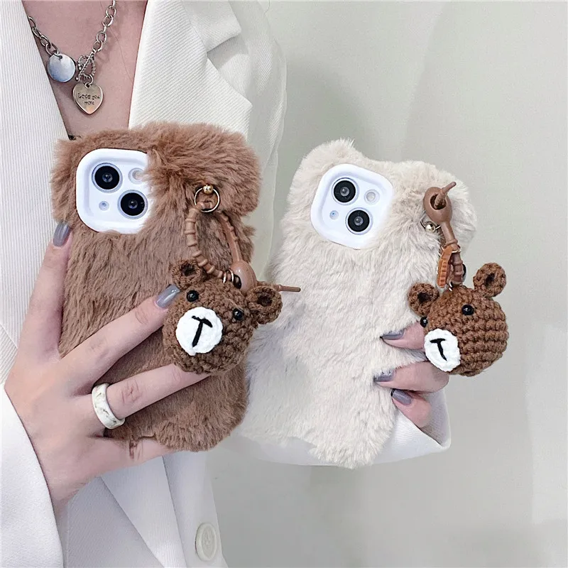 

Luxury Korean Style Fur Phone Case For iPhone 13 12 11 Pro XS MAX XR X 8 7 Plus Cute Bear Pendant Cover Case For iPhone13