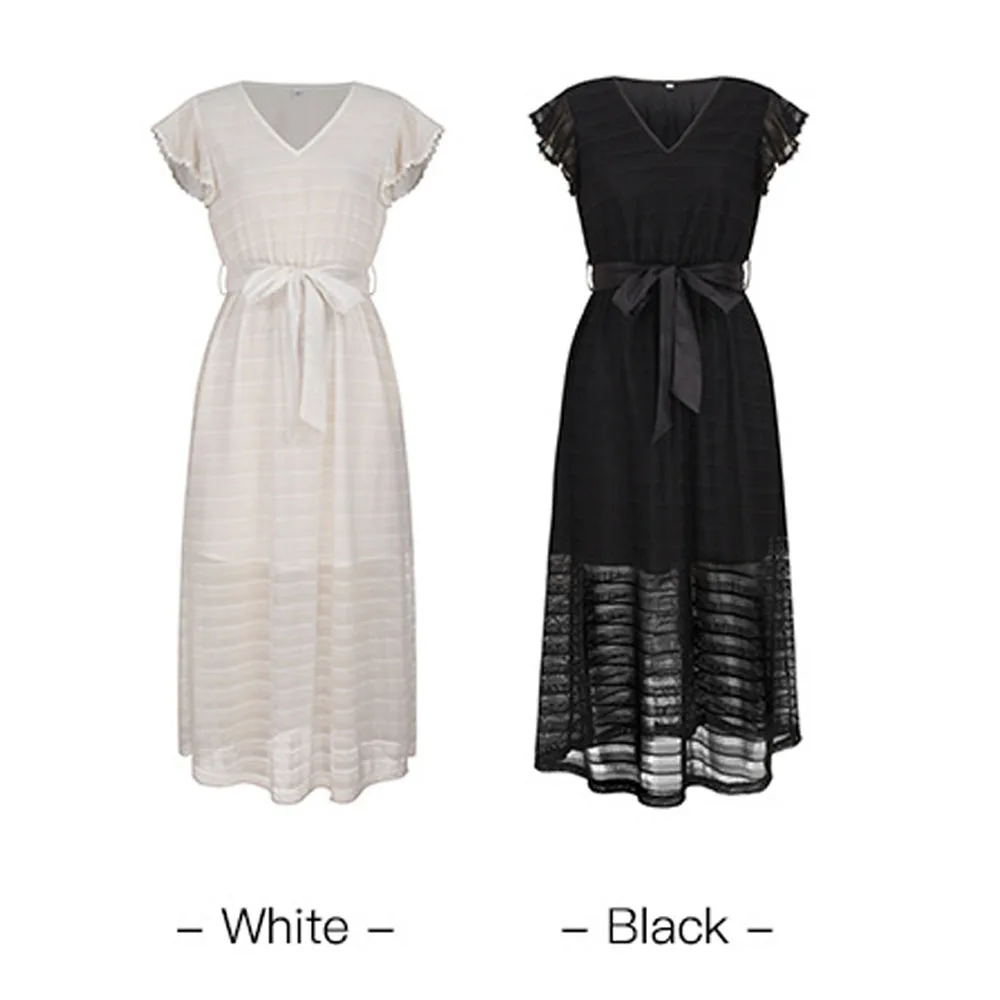 

Dress Elegant 2021 Ladies Solid V-neck Lace Hollow Ruffle Fashion High-waist Lace-up Party Dating Office Women White Dress