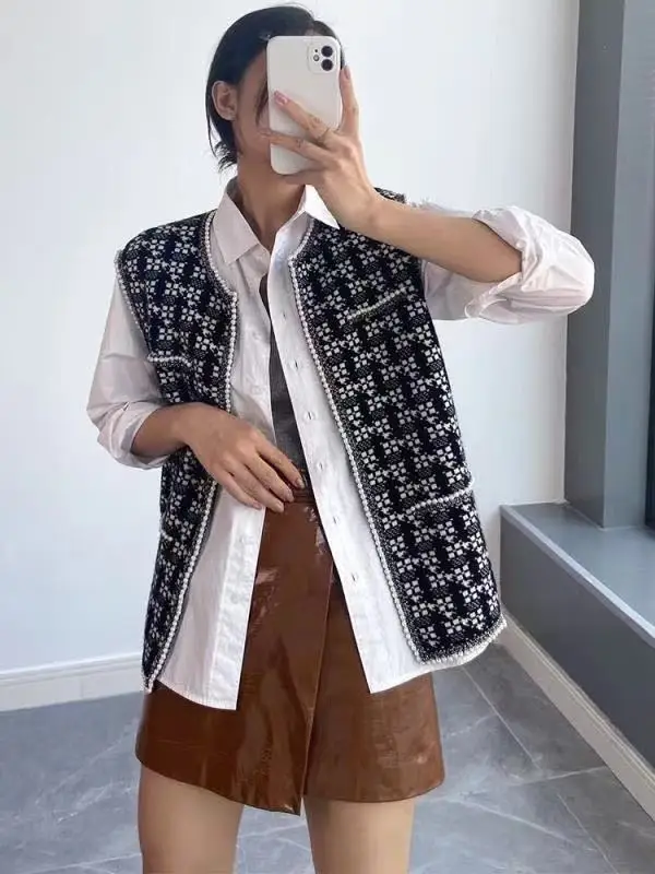 

Runway New Houndstooth Vest Sweater Sleeveless Women Sweater Knit Pearl 2021 Designer Vintage Cashmere Winter Vest