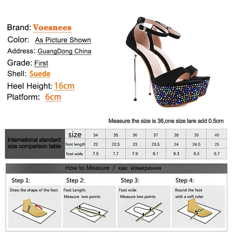 

Fashion One Word Band Black Suede New Cover Heel Sandals Women Color Drill Waterproof Platform 16CM Super Model Stiletto Shoes
