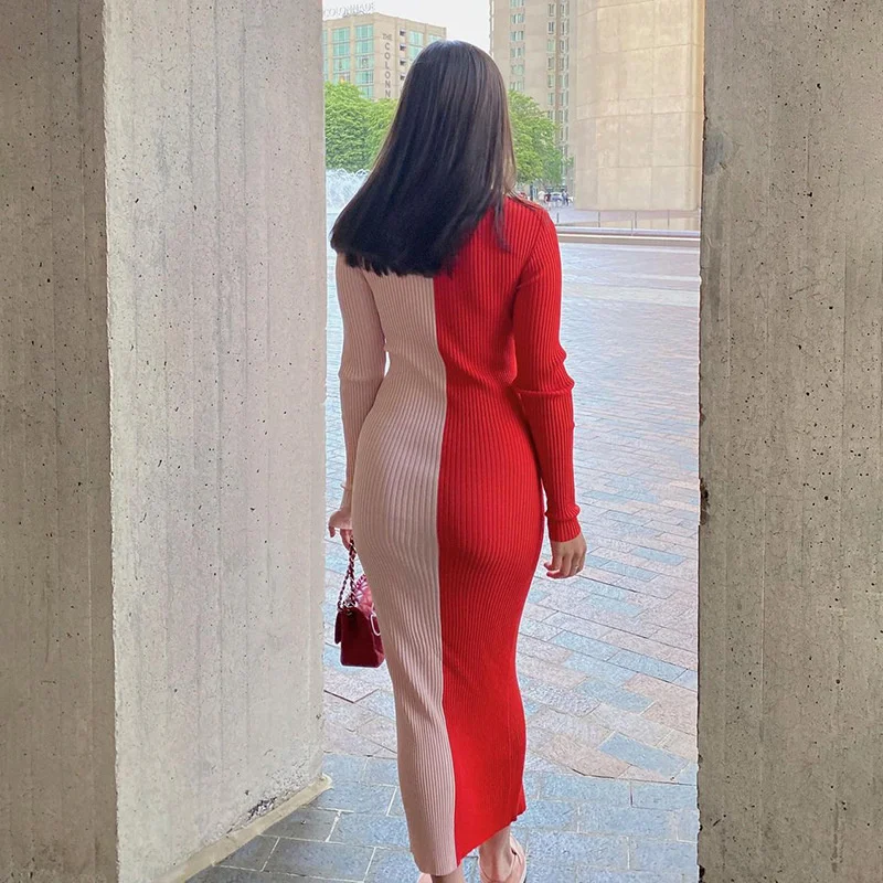 

2021 Summer Women Dress Patchwork Long Sleeve Button High Waist Slim Bodycon Casual Dresses