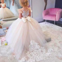 2021 latest lovely ball gown flower girls dresses princess lace kids party gowns jewel neck kids formal wear short sleeves bow