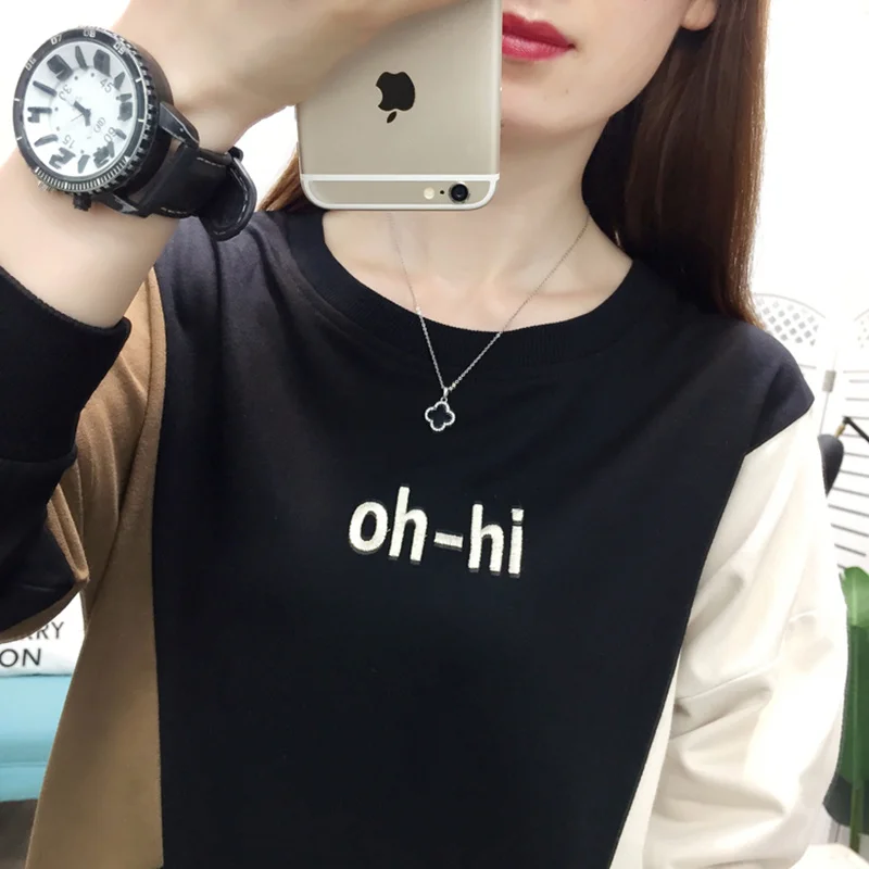 

Женская одежда, осень-зима, футболка с длинным рукавом в стиле пэчворк, Женская Осенняя футболка, свободная хлопковая футболка, женская футб...