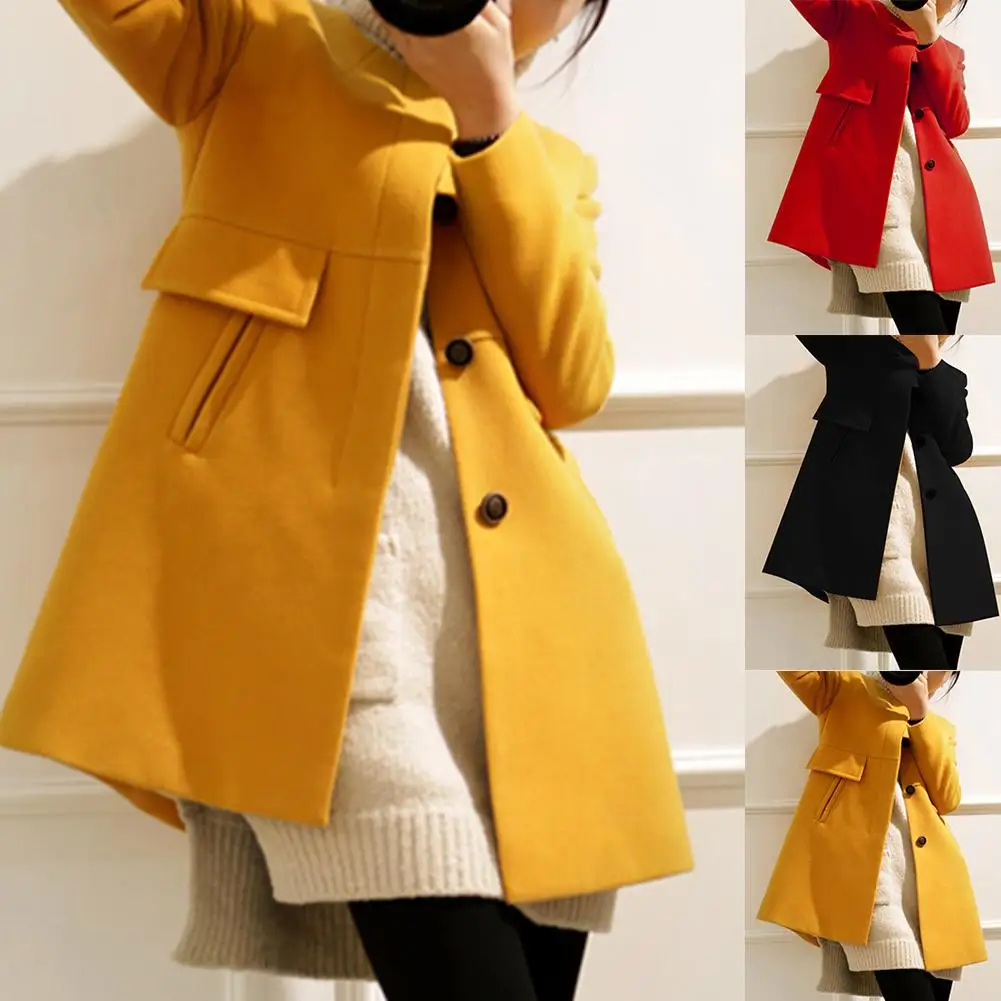 Зимняя шерстяная одежда длинное пальто для женщин с длинным рукавом и круглым