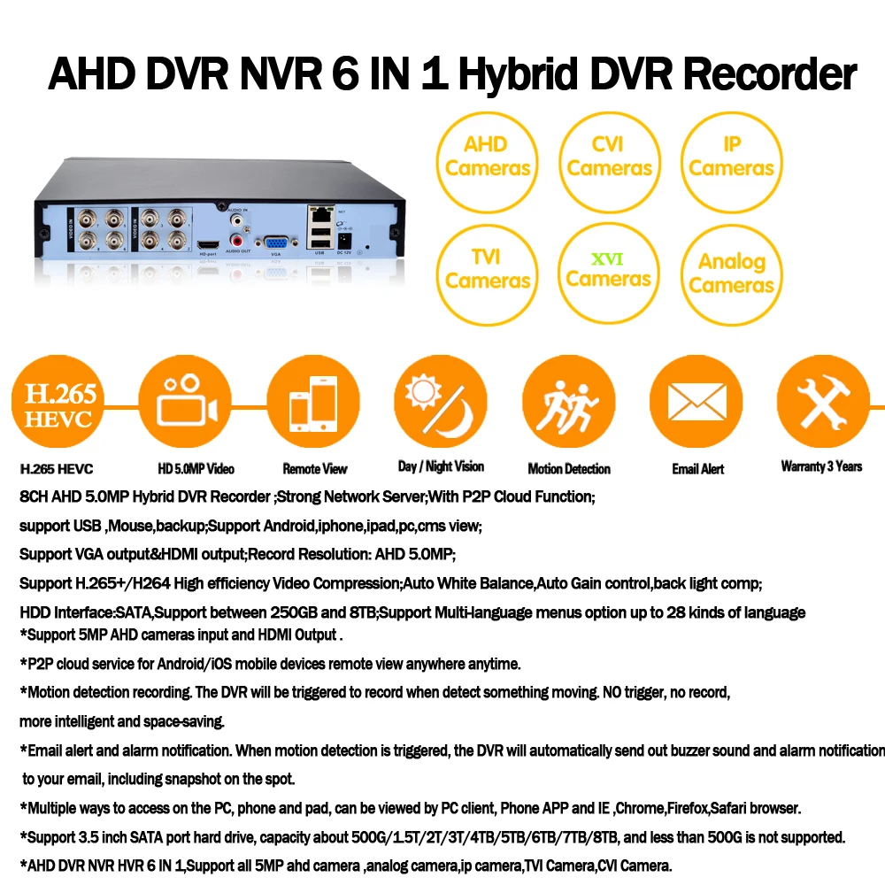 

H.265+ 8CH 5.0MP HDMI AHD CCTV DVR NVR HVR 5MP P2P Cloud Security Digital Video Audio Face Recorder for Analog AHD IP Camera