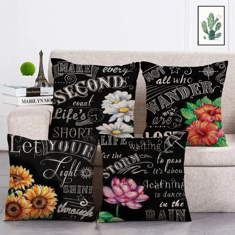 

45*45cm Pillow Case Black Background Flower Printing Cushion Cover Waist Square Throw Home Decor Pillowcases Sofa Car Decor T245