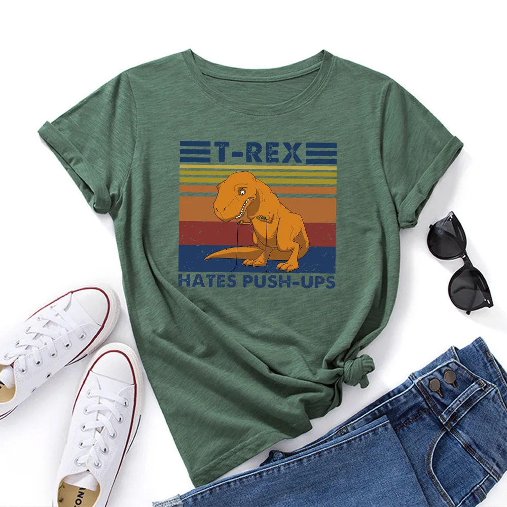 

Funny T-rex Dinosaur Hates Push Ups Graphic Tee Tops Plus Size Women Short Sleeve Summer Cotton T-Shirts Female Clothes Shirt