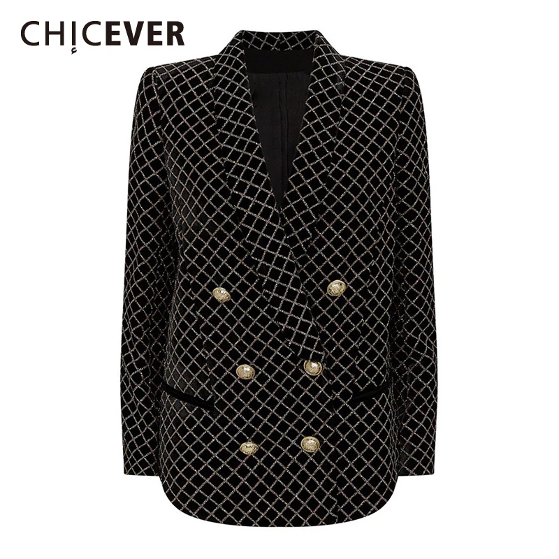 CHICEVER клетчатый блейзер для женщин Зубчатый двубортный длинный рукав размера плюс женские пальто осенняя мода тренд одежда