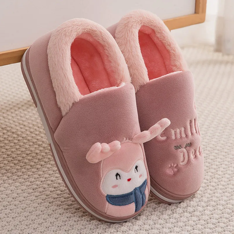 p-pink-1 Women Home Flat Slippers Indoor Shoes Female Slip On Cute Cartoon Deer Furry Warm Ladies Christmas Woman Shoes Soft Footwear - Цвет: p-pink-1