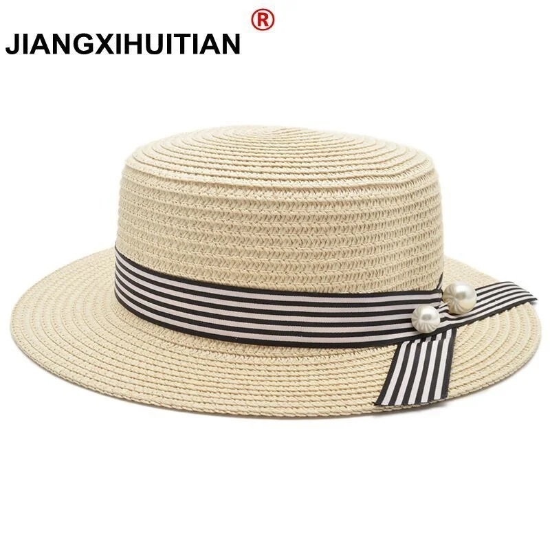 

New Lady Boater sun caps Ribbon Round Flat Top Straw beach hat Panama Hat summer hats for women straw hat snapback gorras