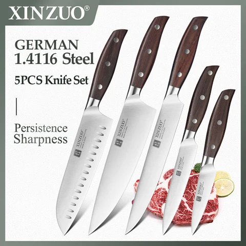 Набор кухонных ножей XINZUO, 3,5 + 5 + 7 + 8 + 8 дюймов, Мясницкий шеф-повар сантоку из нержавеющей стали