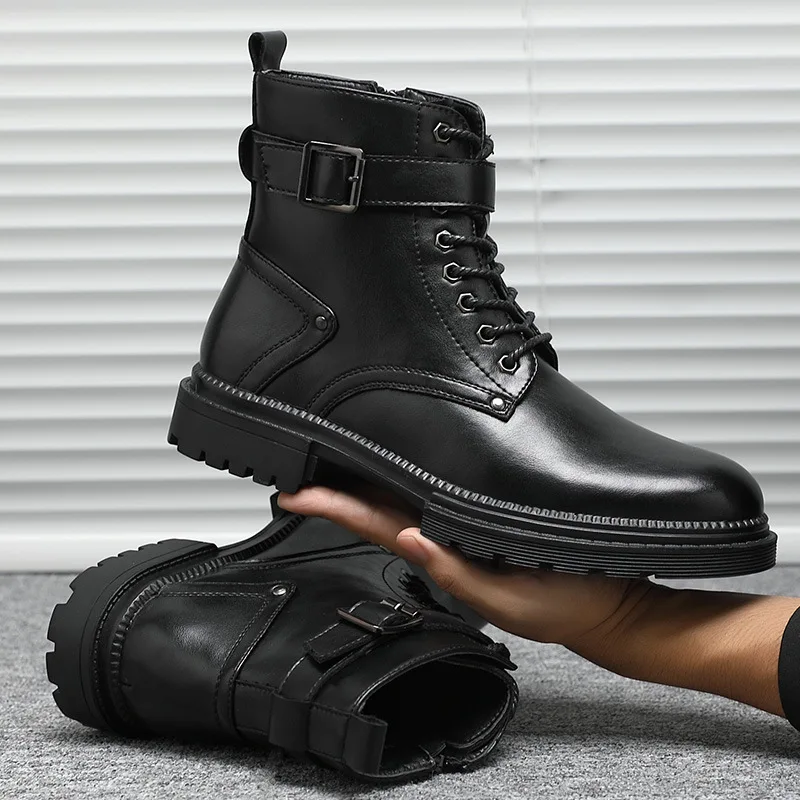 Мужские ботинки на платформе Черные ботильоны из натуральной кожи шнуровке в