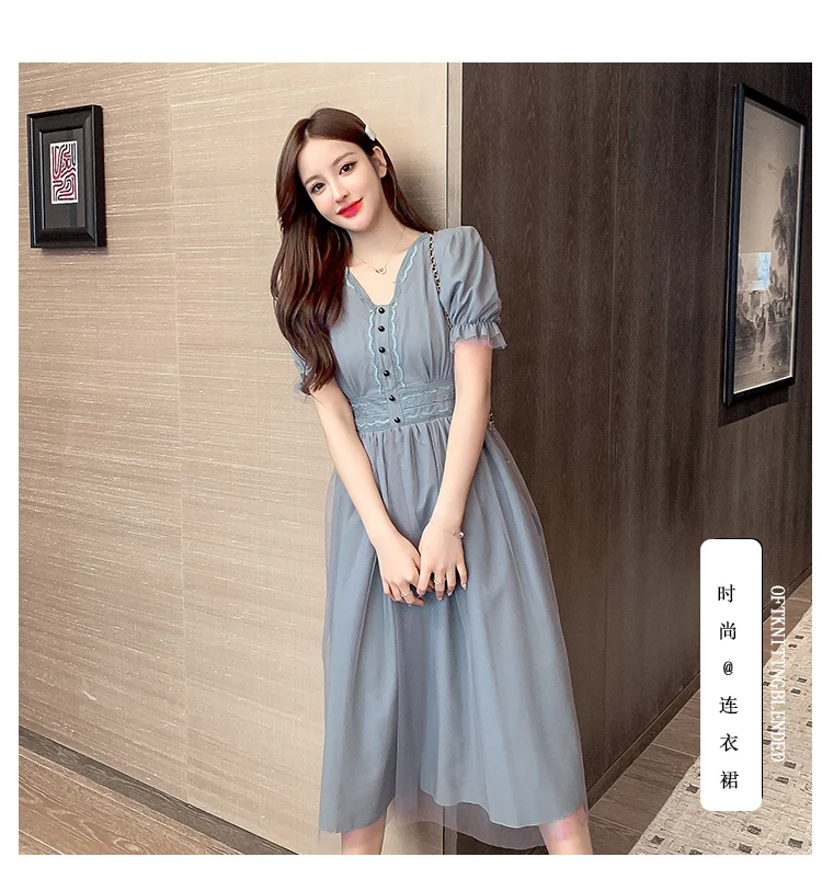 Fashion Sweet Mesh Single-breasted Dress 2020 Summer Women Lantern Sleeve V neck Luxury Slim Drapde Party Vestidos | Женская одежда
